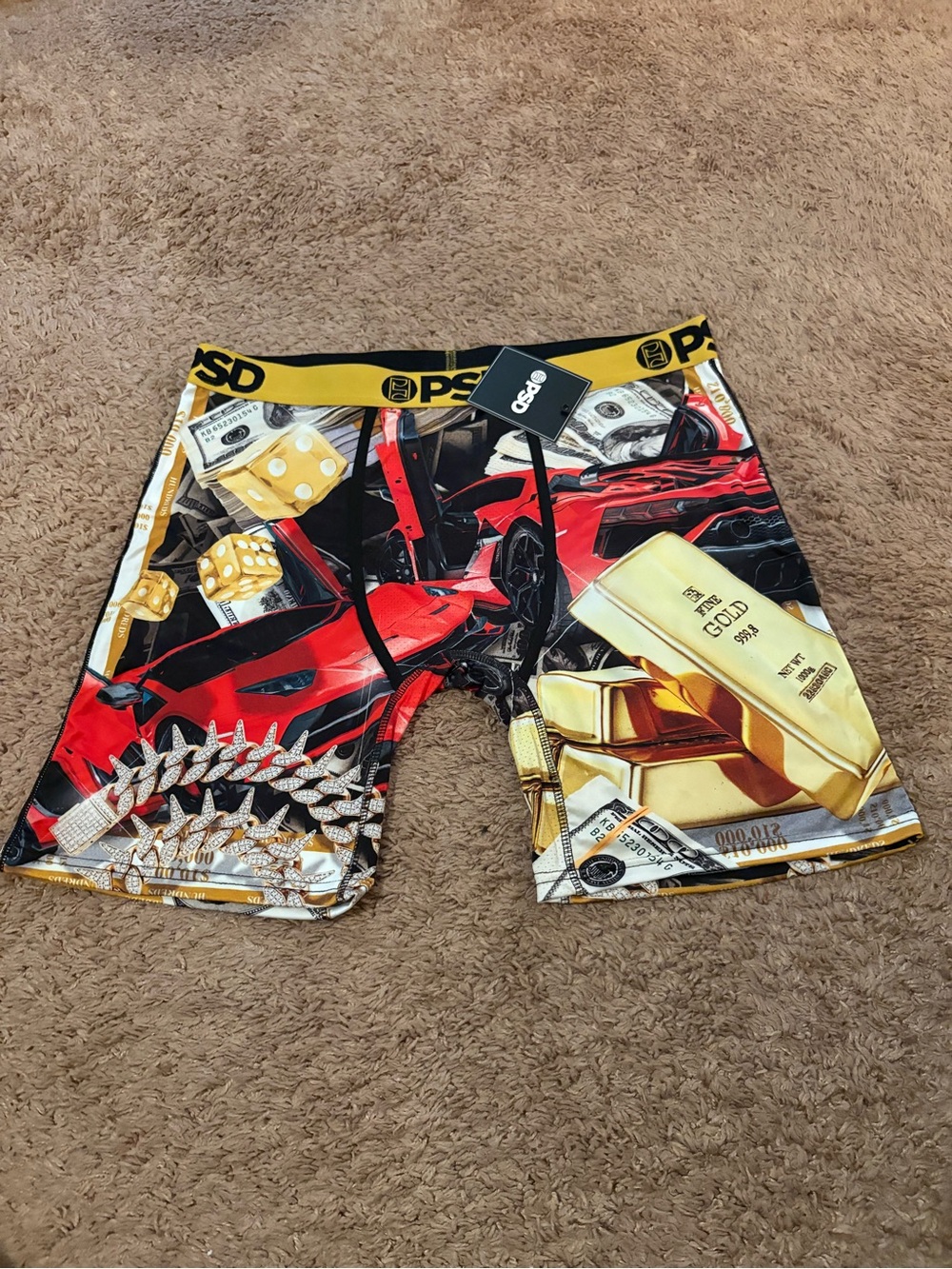 PSD Kids Red and Gold Money & Car Print Athletic Shorts